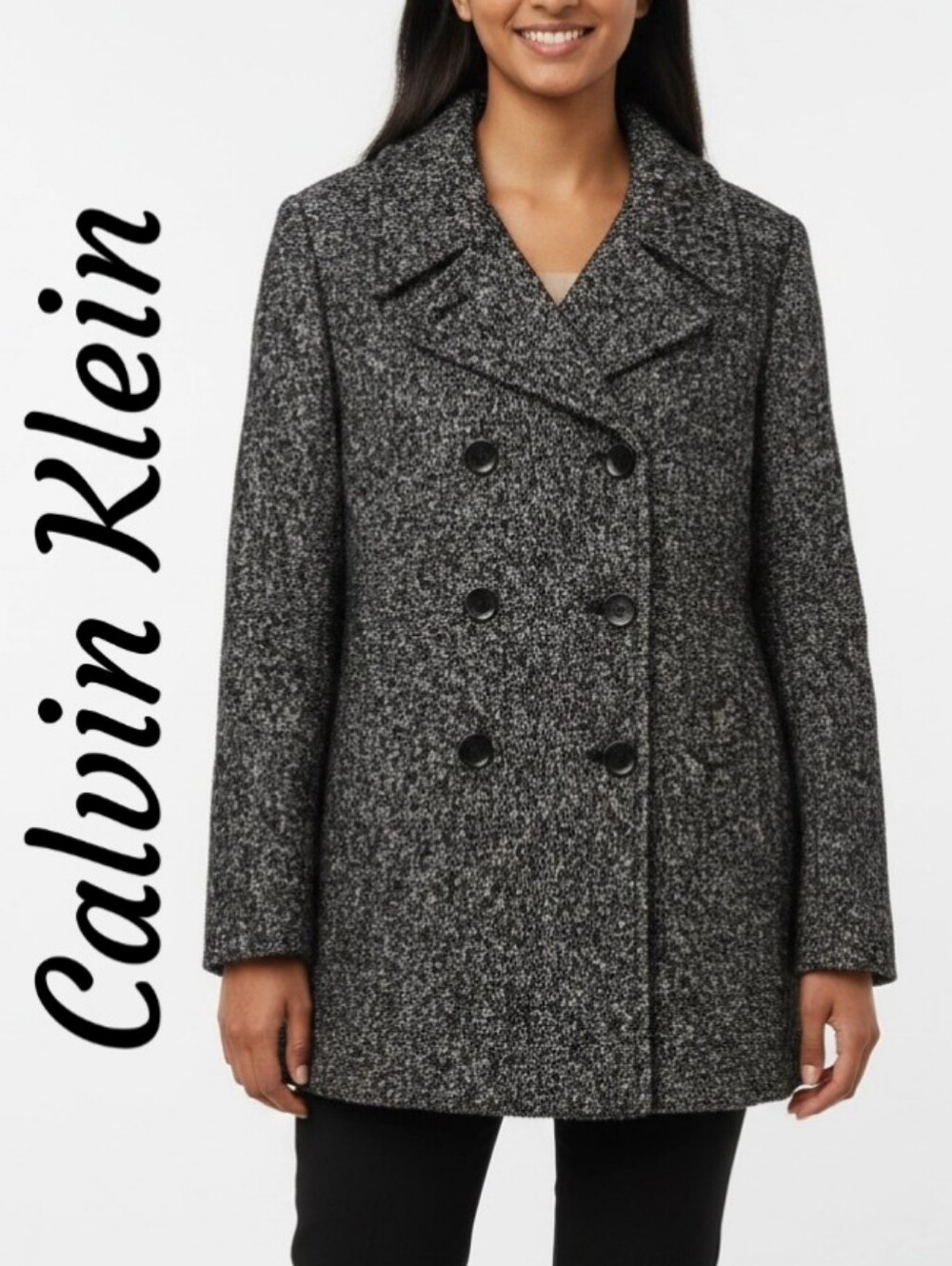 Calvin Klein Women's Peacoat   Sz 16 Wool Blend Double Breasted Design Speckled